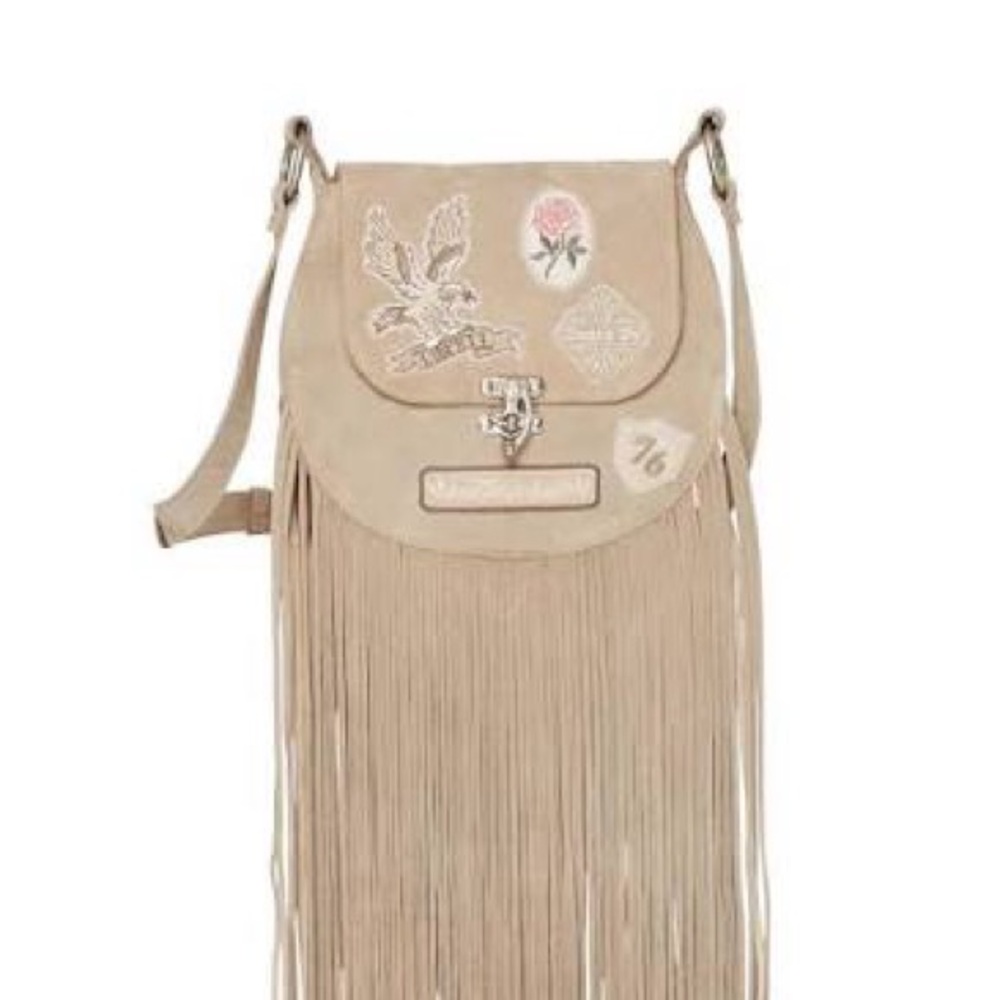 Spell Beige Fringe Crossbody Backpack with Embroidered Patches